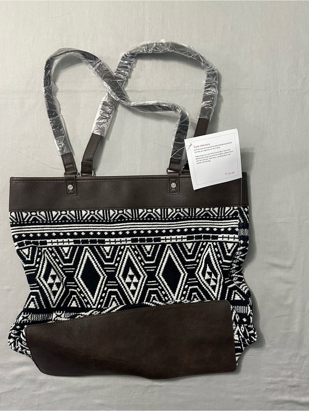NWT Jewell by Thirty-One Boho Woven Cotton Tote Bag Geometric Tribal Cream Black